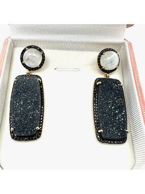 Rarities by Carol Brodie Moonstone Druzy Quartz Black Spinel Earrings Pierced